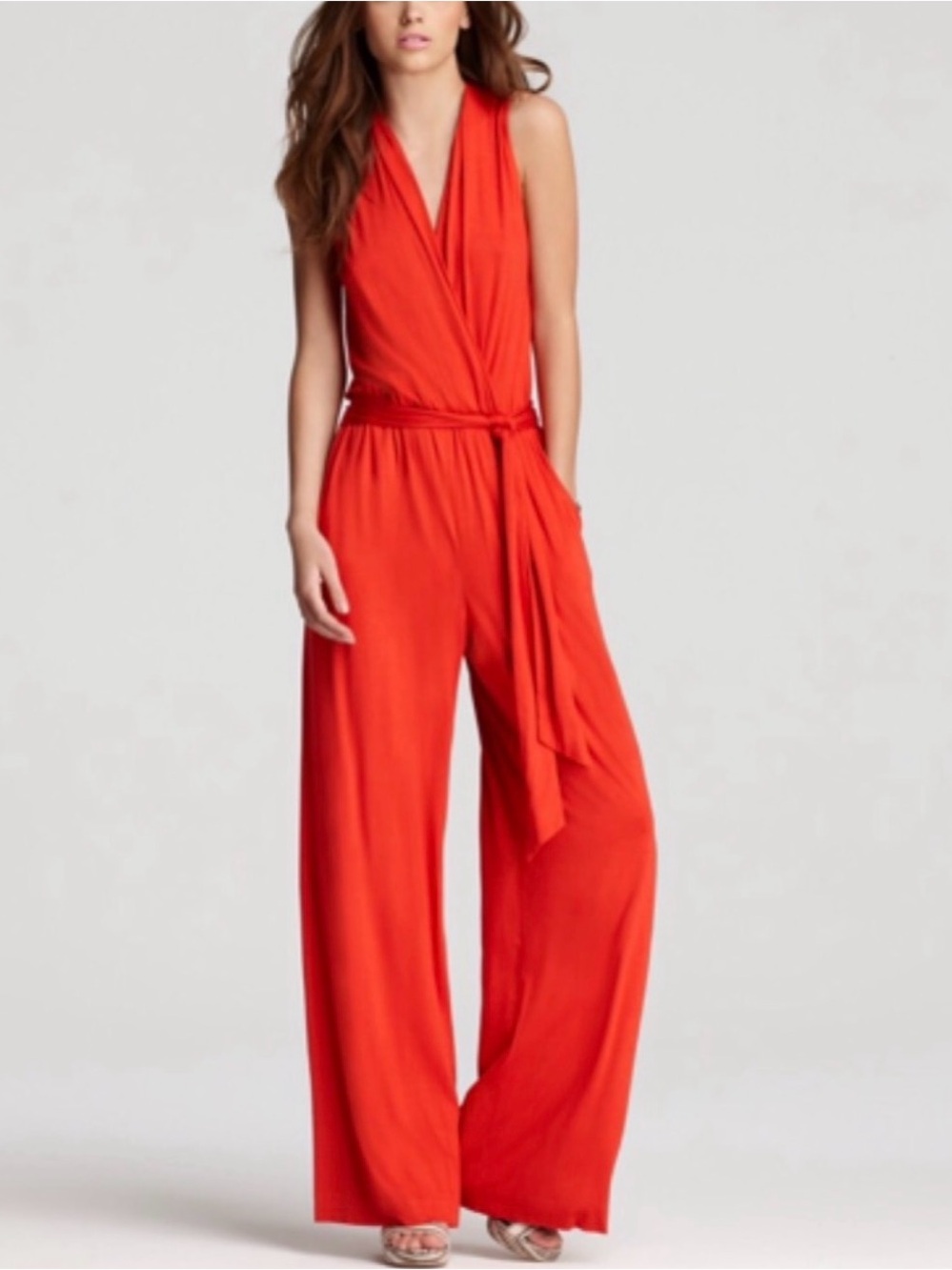 Trina Turk Sleeveless Orange Red Wrap-Front Wide-Leg Jumpsuit